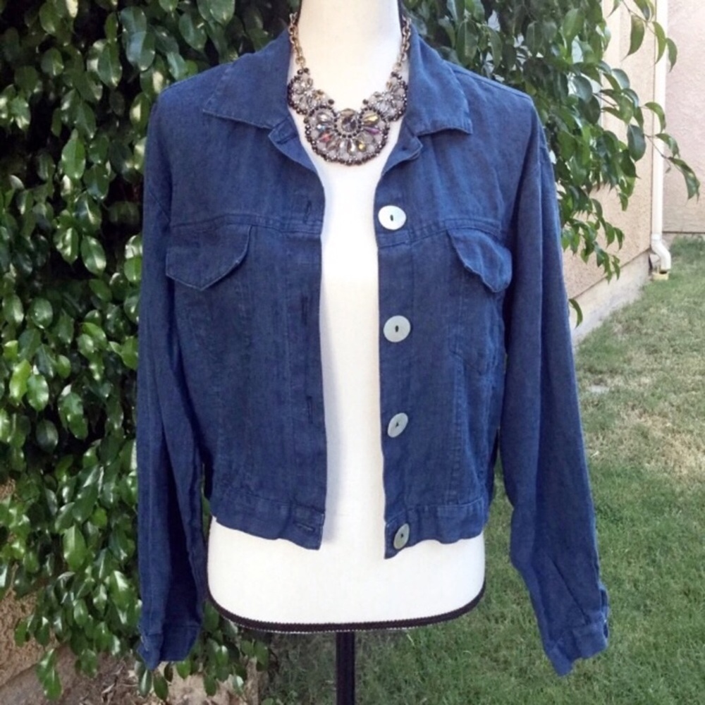 Linen Indigo Blue Jacket Abalone Shell Buttons M